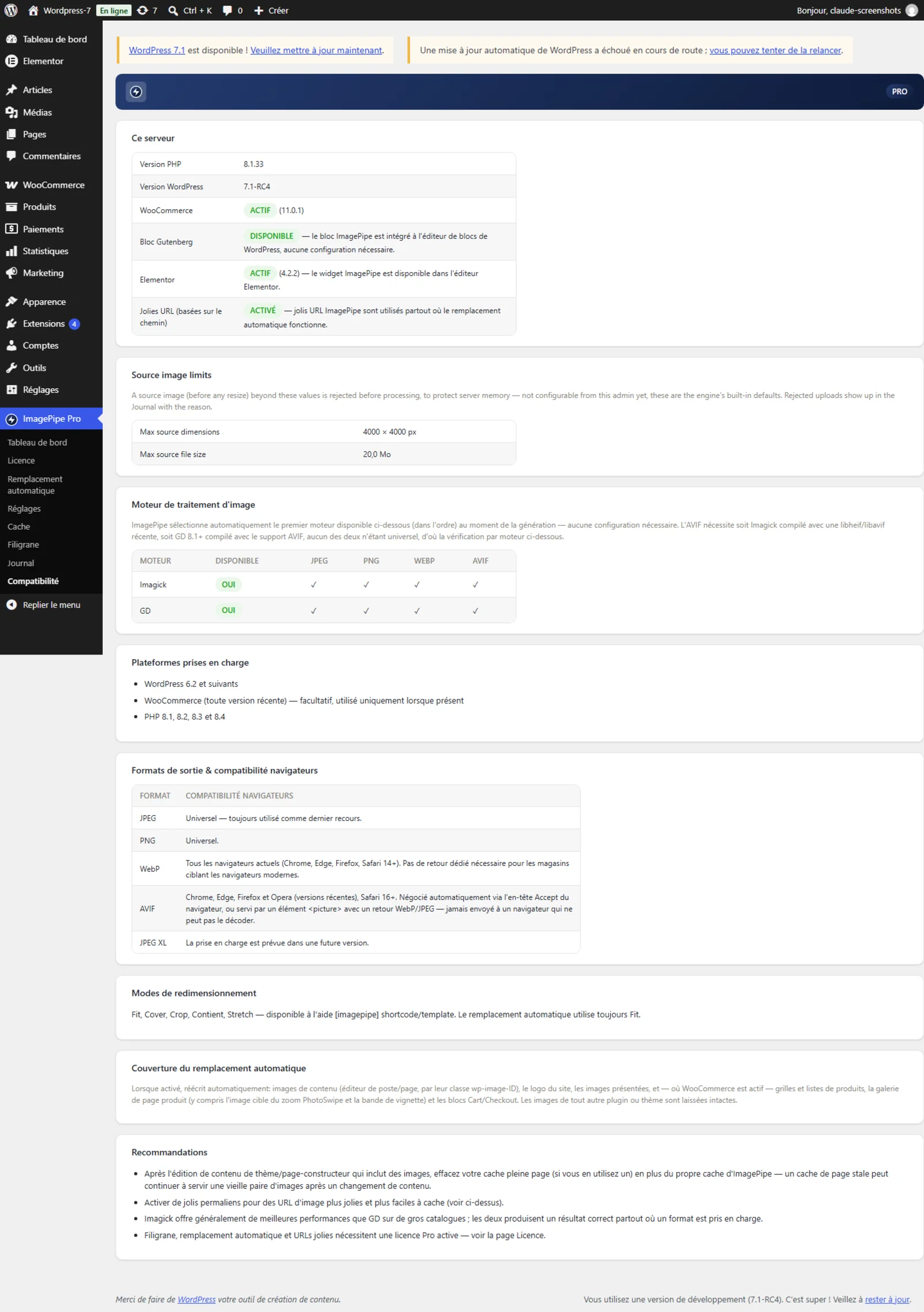 Capture d'écran de la page Compatibilité du plugin ImagePipe Pro, confirmant WooCommerce détecté et actif