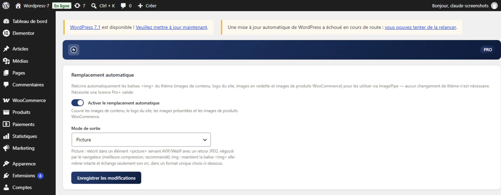 Capture d'écran du réglage Remplacement automatique du plugin ImagePipe Pro, activé