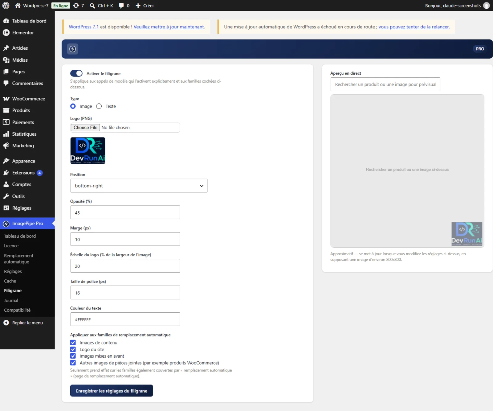 Capture d'écran du réglage Filigrane du plugin ImagePipe Pro avec aperçu en direct
