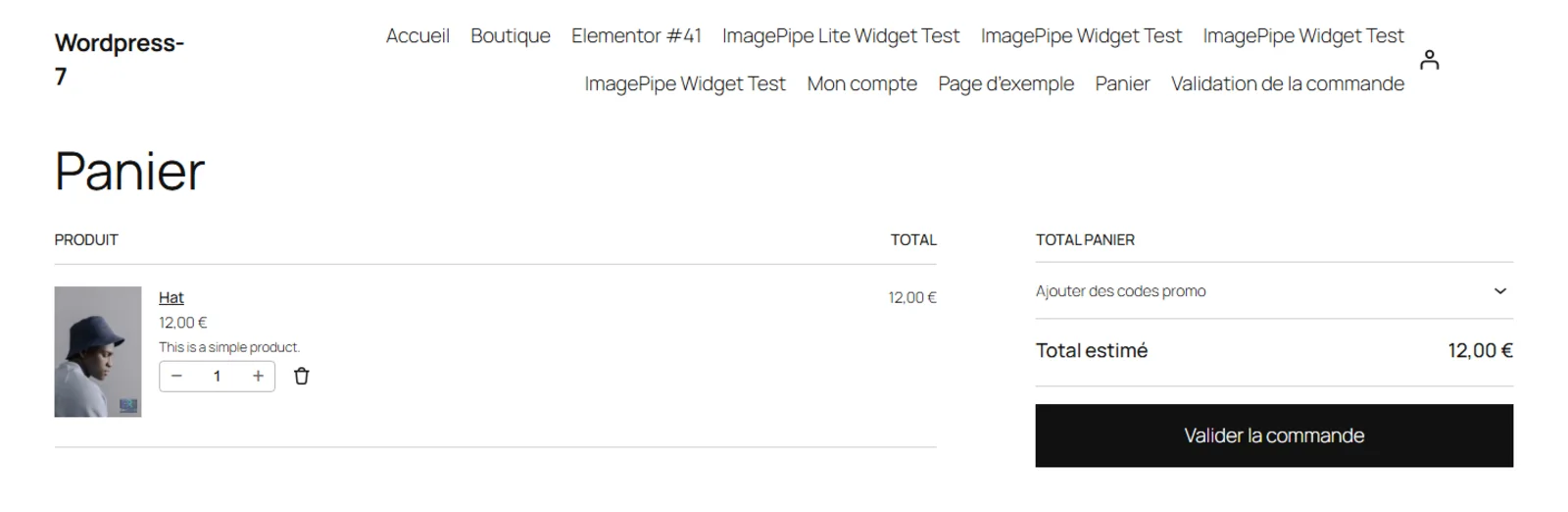 Capture d'écran du panier WooCommerce avec l'image produit déjà optimisée par ImagePipe